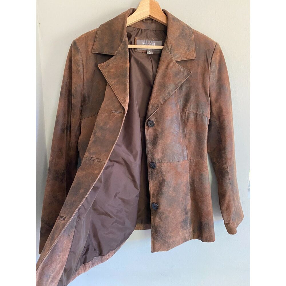 Vintage 1986 Wilsons Leather Brown Marbled Suede Jacket Large 3 Button Blazer, S - Picture 2 of 8